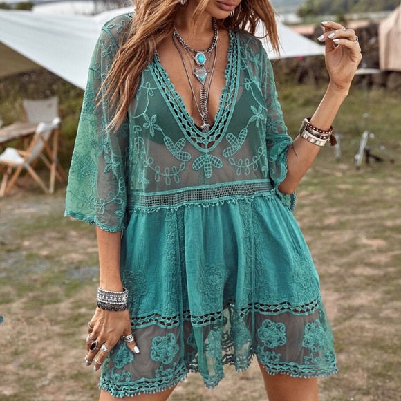 BellanBlue Other - Bohemian Floral Embroidered Beach Cover up Green